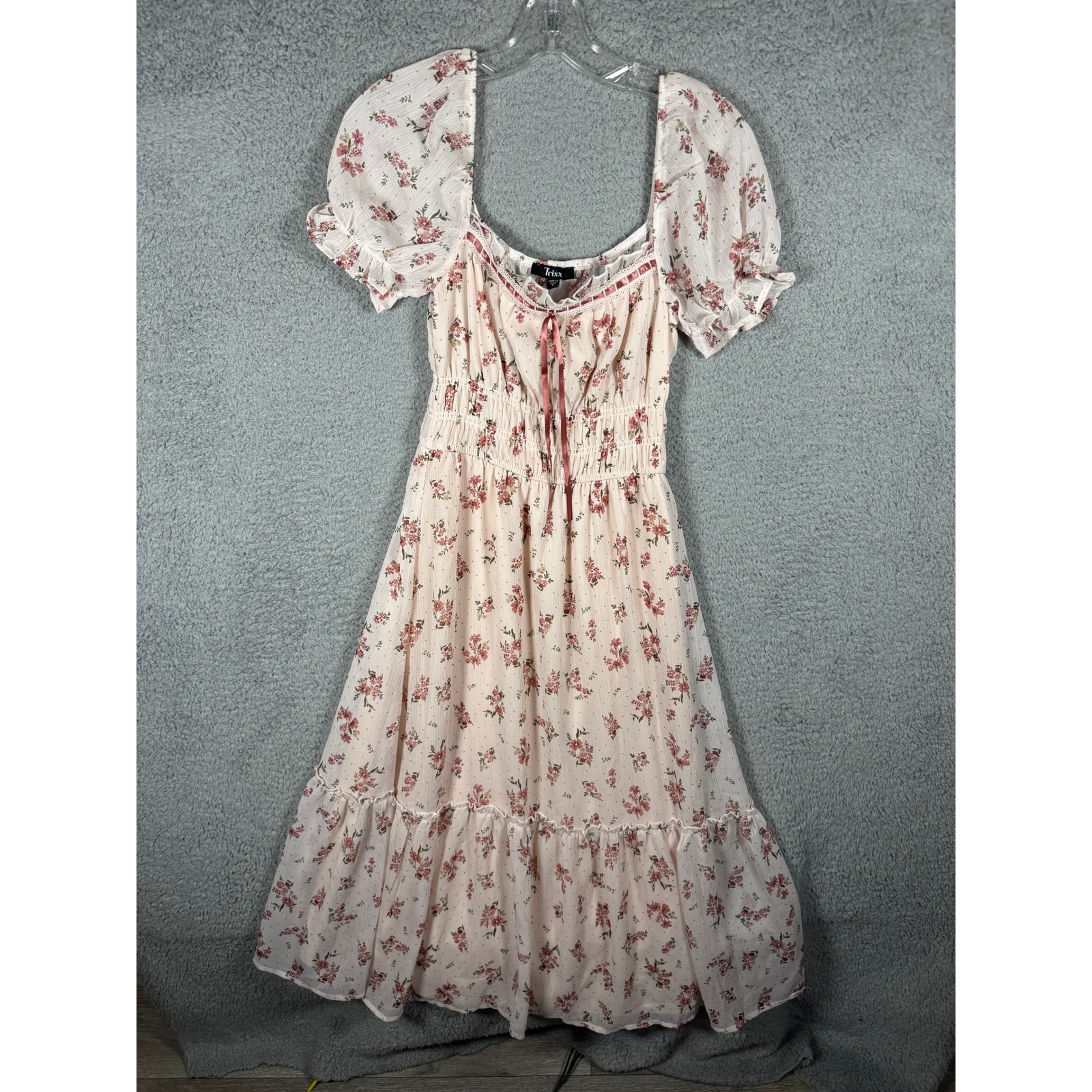 Trixxi Floral Smocked Waist Midi Dress Cream Pink Puff Sleeve Size S 26fc451bhi